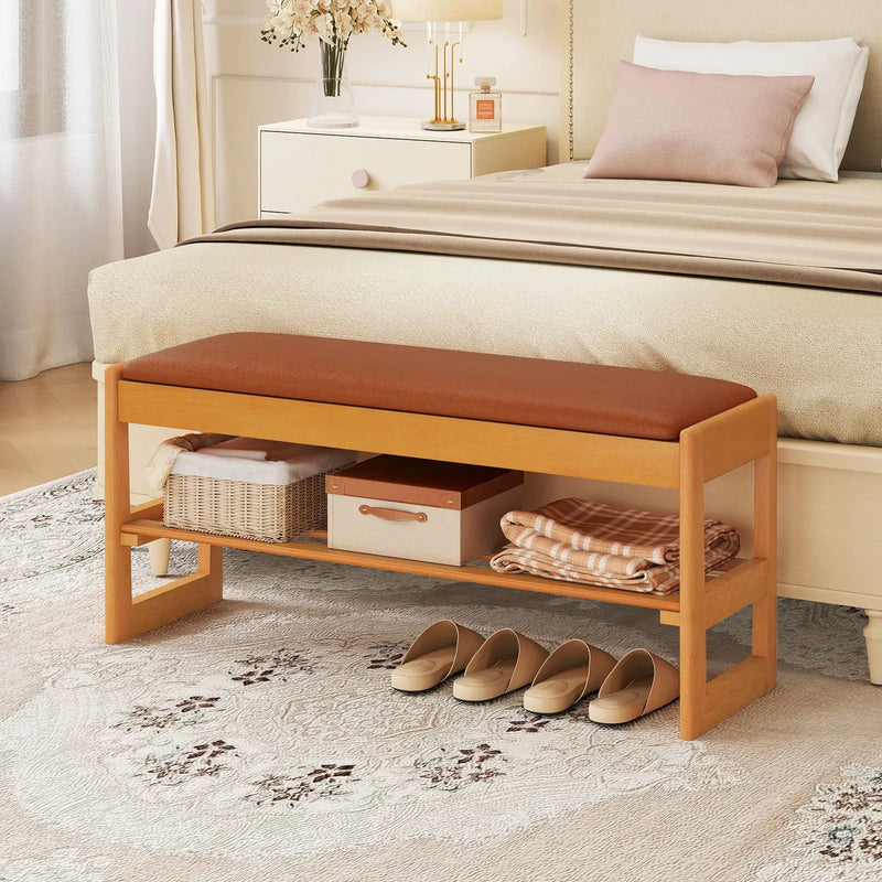 Shoe Rack Bench with Storage 2-Tier Rubberwood Entryway Bench with Flip-Open Storage by DirectDeals