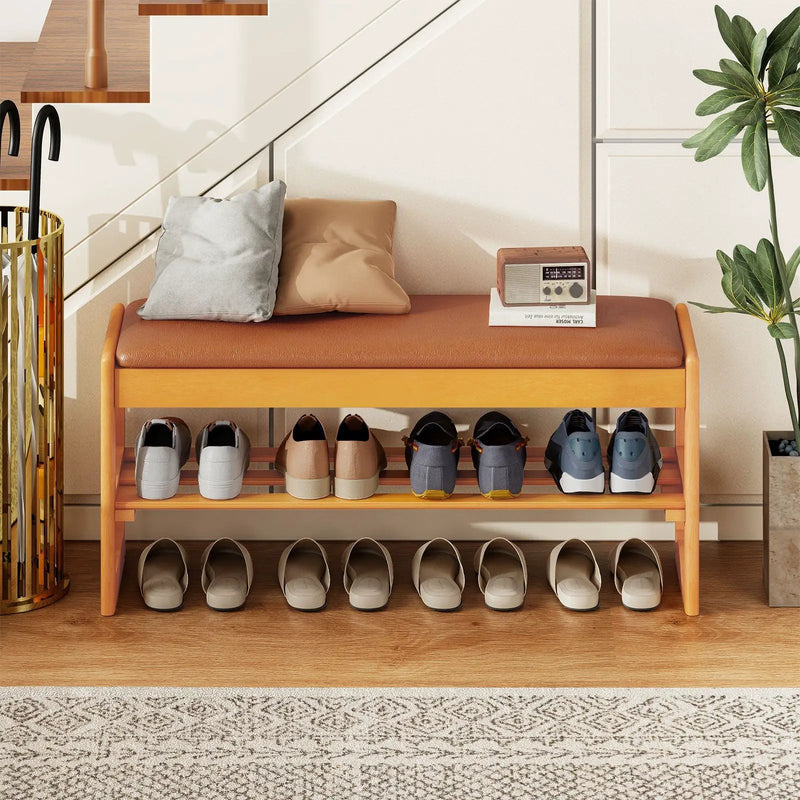 Shoe Rack Bench with Storage 2-Tier Rubberwood Entryway Bench with Flip-Open Storage by DirectDeals