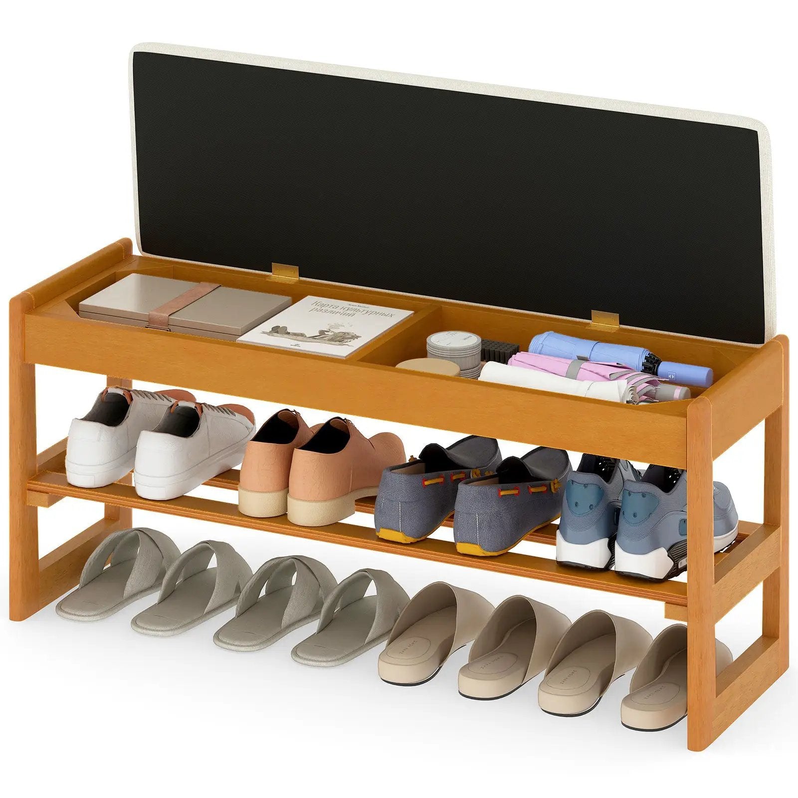 Shoe Rack Bench with Storage 2-Tier Rubberwood Entryway Bench with Flip-Open Storage by DirectDeals