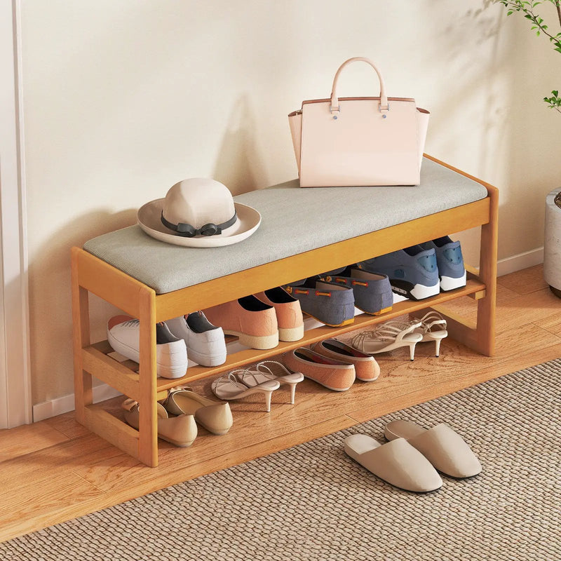 Shoe Rack Bench with Storage 2-Tier Rubberwood Entryway Bench with Flip-Open Storage by DirectDeals