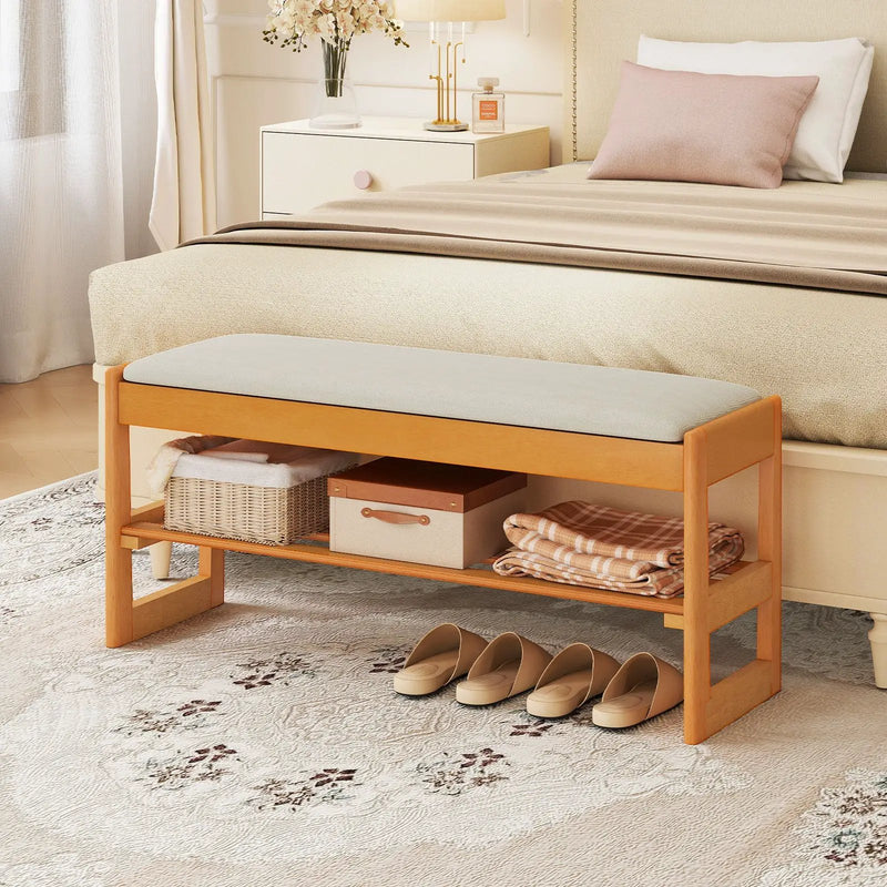 Shoe Rack Bench with Storage 2-Tier Rubberwood Entryway Bench with Flip-Open Storage by DirectDeals