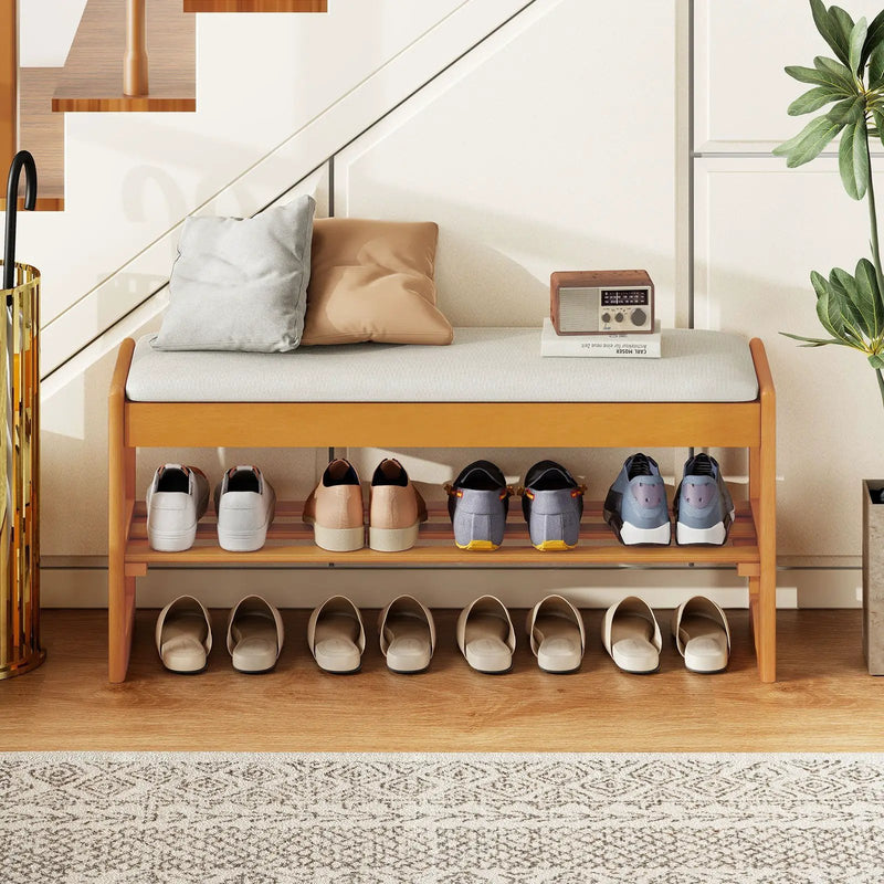 Shoe Rack Bench with Storage 2-Tier Rubberwood Entryway Bench with Flip-Open Storage by DirectDeals
