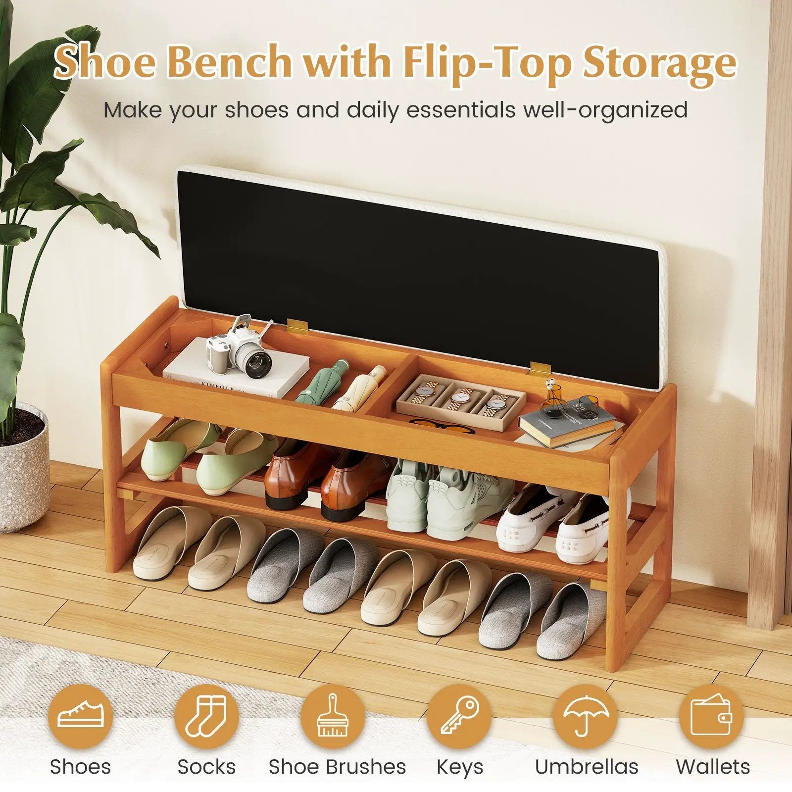 Shoe Rack Bench with Storage 2-Tier Rubberwood Entryway Bench with Flip-Open Storage by DirectDeals