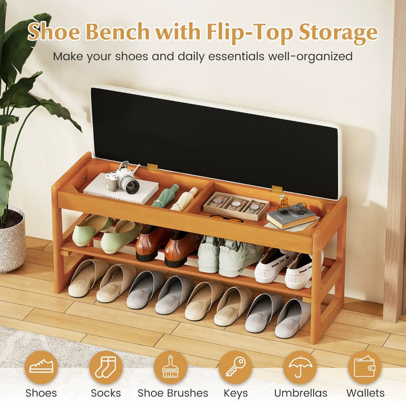 Shoe Rack Bench with Storage 2-Tier Rubberwood Entryway Bench with Flip-Open Storage by DirectDeals