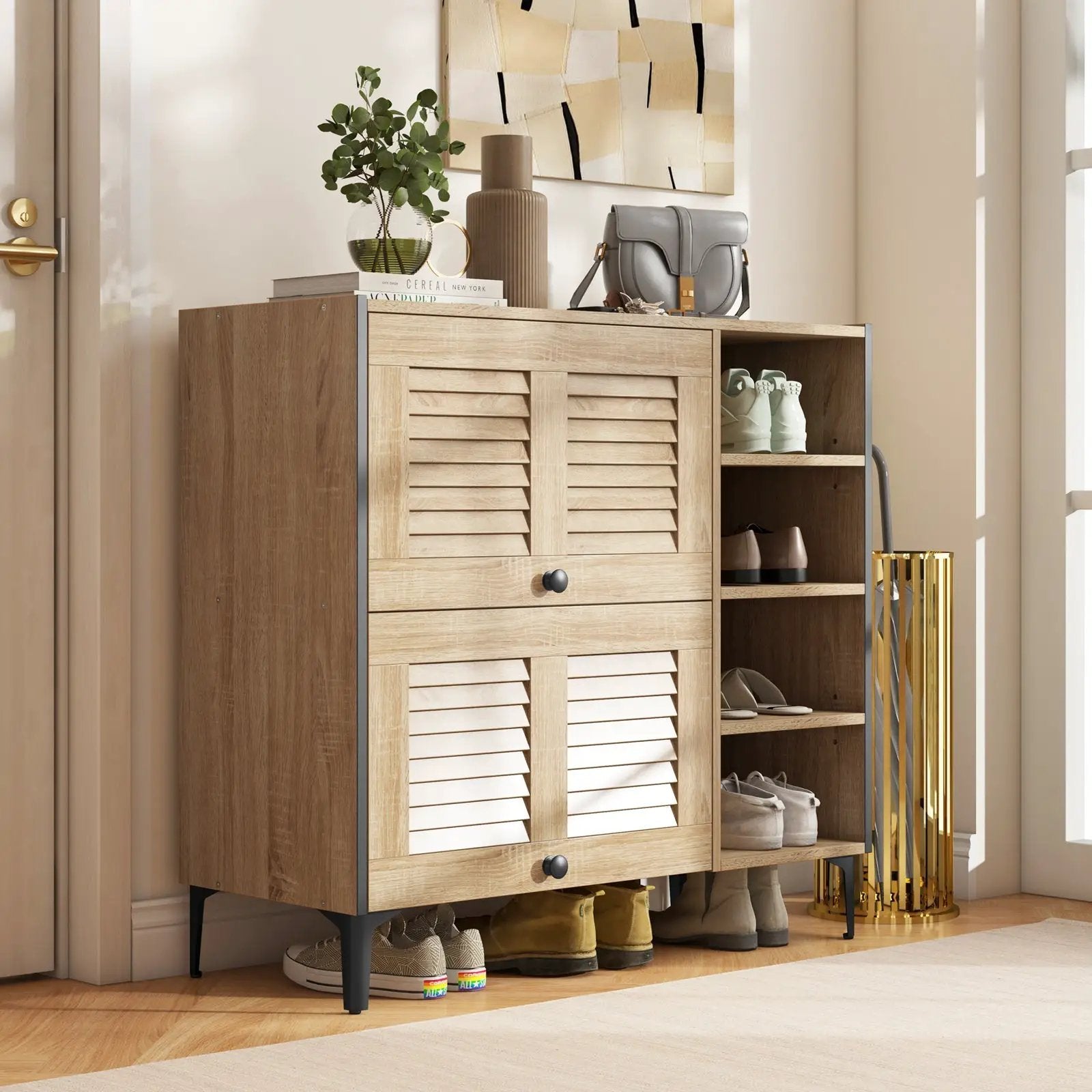 Shoe Rack Organizer with Flip-up See-through Doors and Adjustable Shelves-Oak by DirectDeals