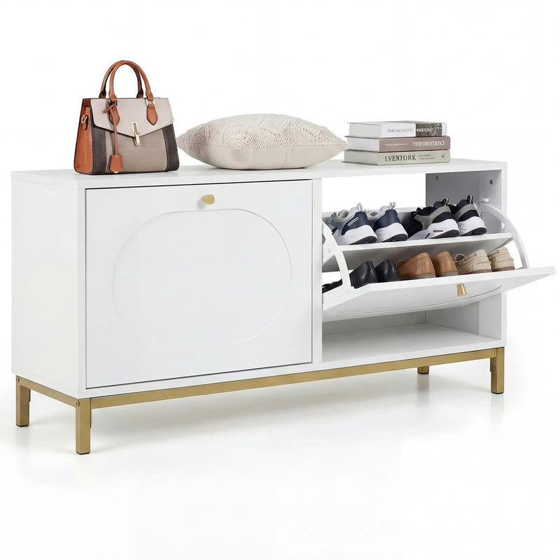 Shoe Storage Bench Narrow Entryway Bench with 2 Flip Drawers Adjustable Shelves-White by DirectDeals