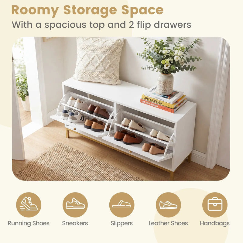 Shoe Storage Bench Narrow Entryway Bench with 2 Flip Drawers Adjustable Shelves-White by DirectDeals