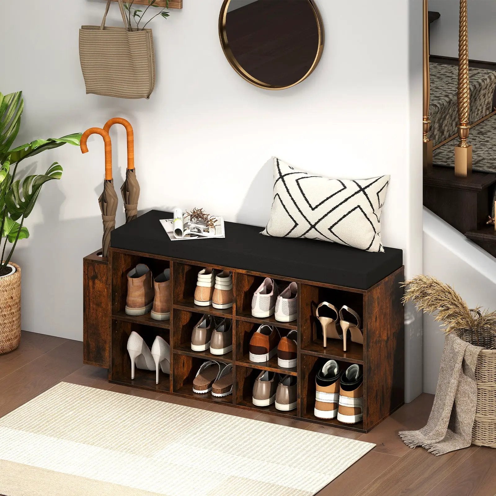 Shoe Storage Bench with Umbrella Stand 10-Cubby Entryway Shoe Rack Organizer by DirectDeals