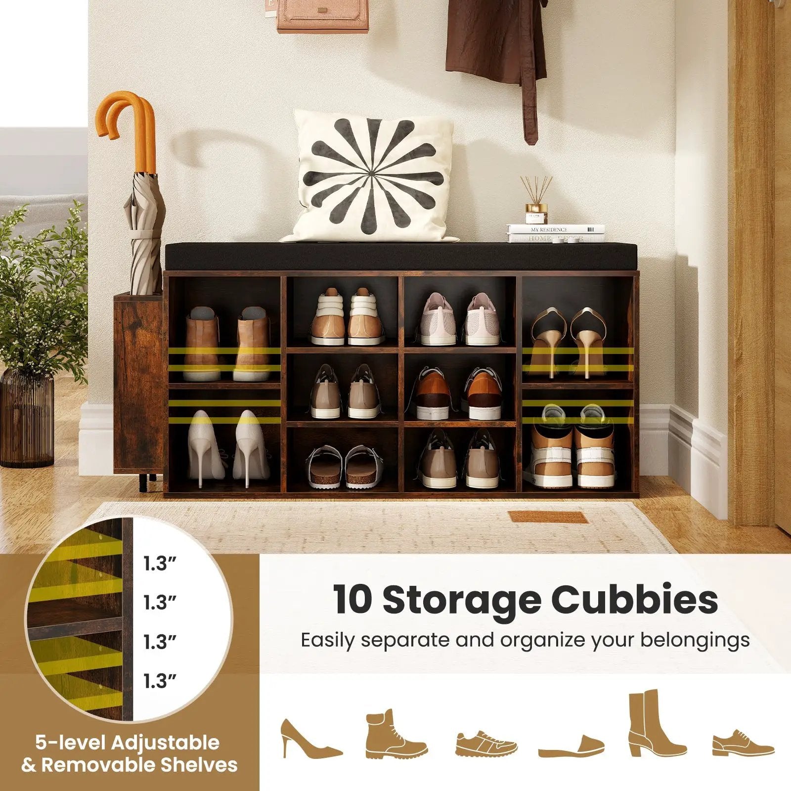 Shoe Storage Bench with Umbrella Stand 10-Cubby Entryway Shoe Rack Organizer by DirectDeals