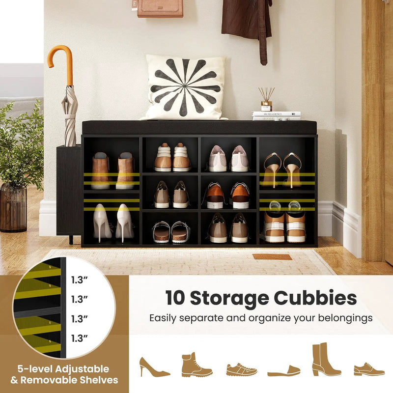 Shoe Storage Bench with Umbrella Stand 10-Cubby Entryway Shoe Rack Organizer by DirectDeals