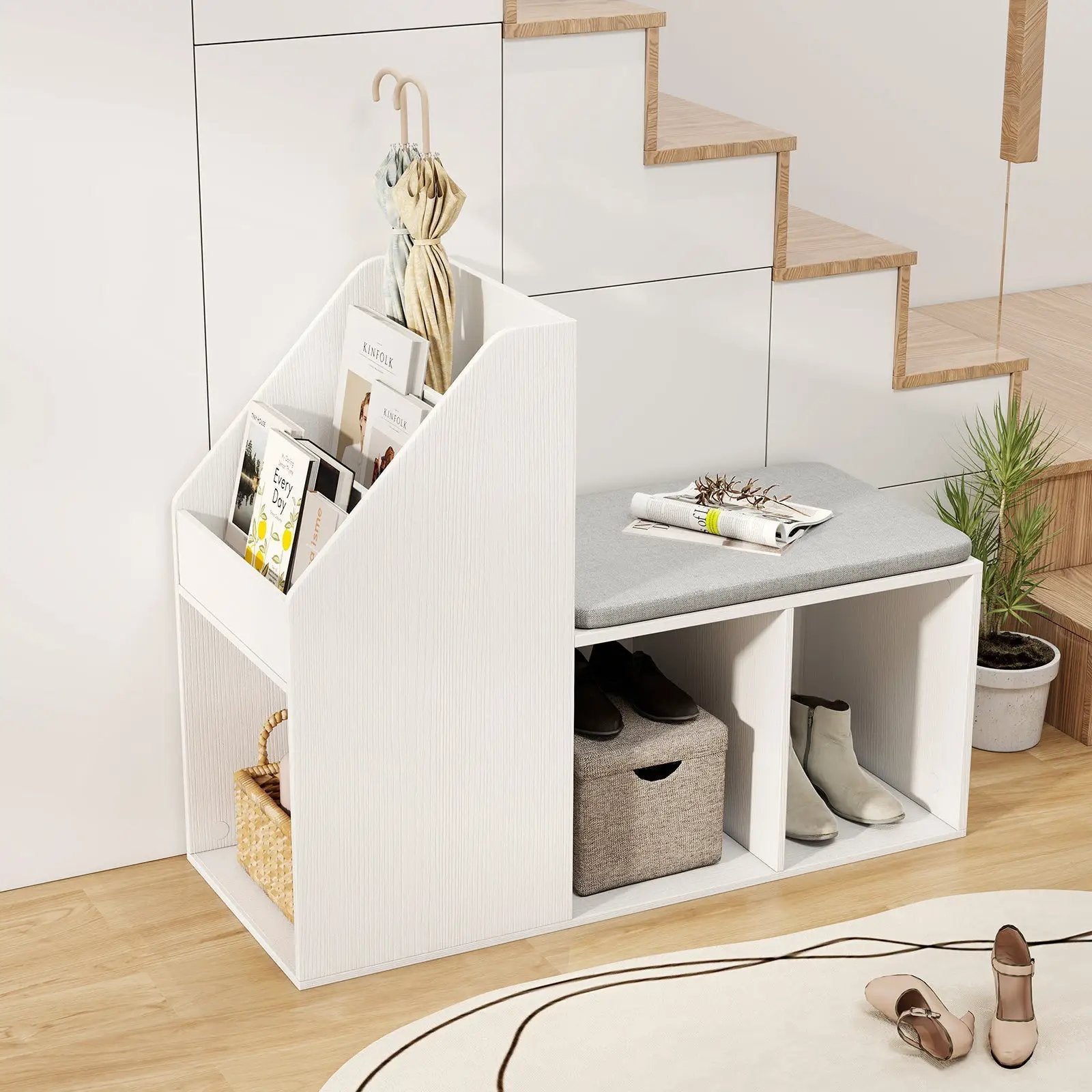 Shoe Storage Bench with Removable Seat Cushion and 6 Storage Compartments-White by DirectDeals