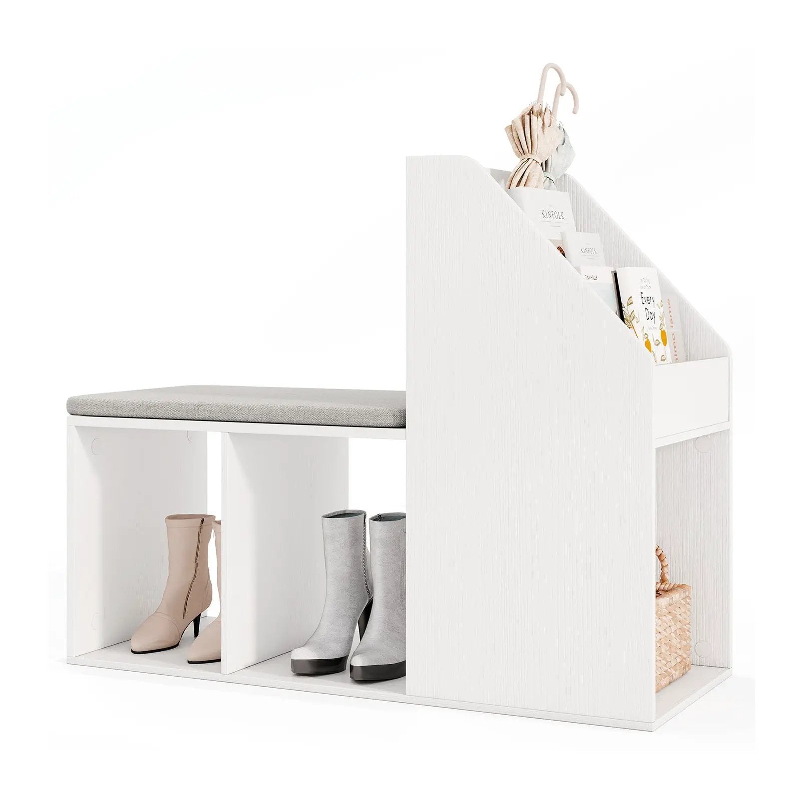Shoe Storage Bench with Removable Seat Cushion and 6 Storage Compartments-White by DirectDeals