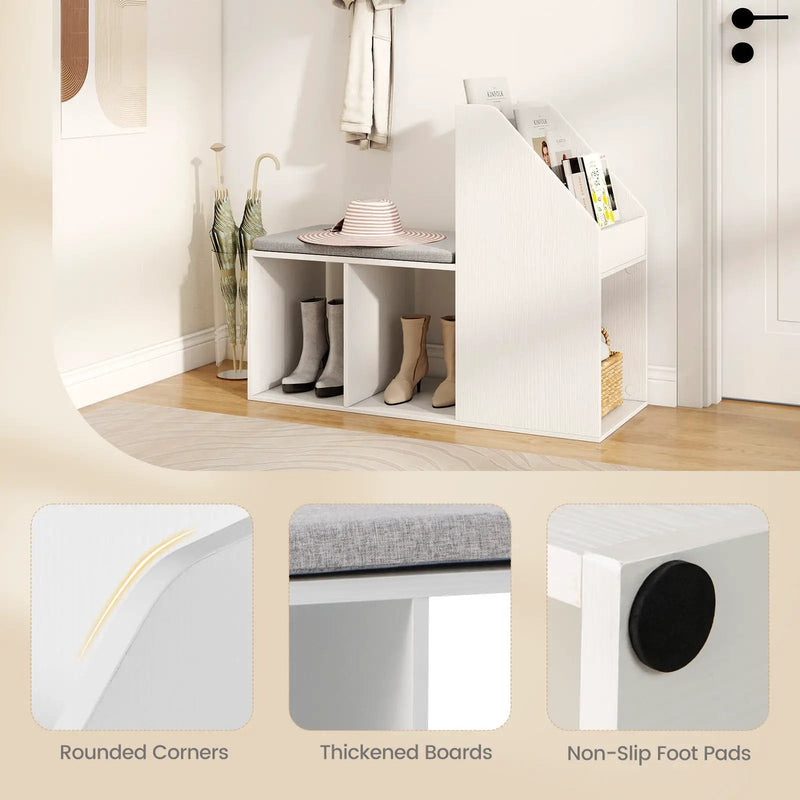 Shoe Storage Bench with Removable Seat Cushion and 6 Storage Compartments-White by DirectDeals