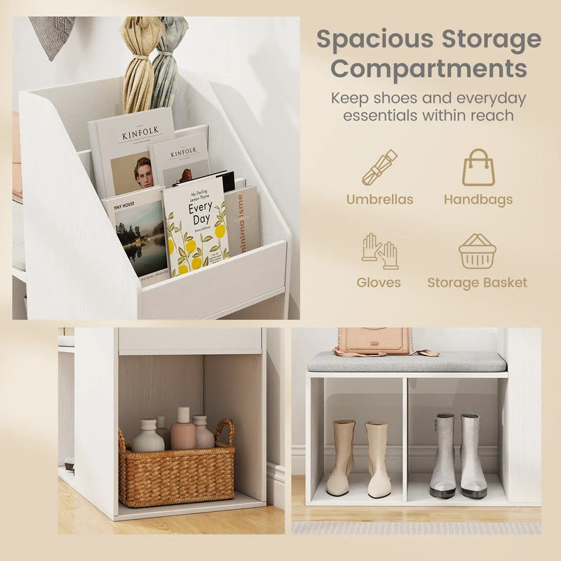 Shoe Storage Bench with Removable Seat Cushion and 6 Storage Compartments-White by DirectDeals