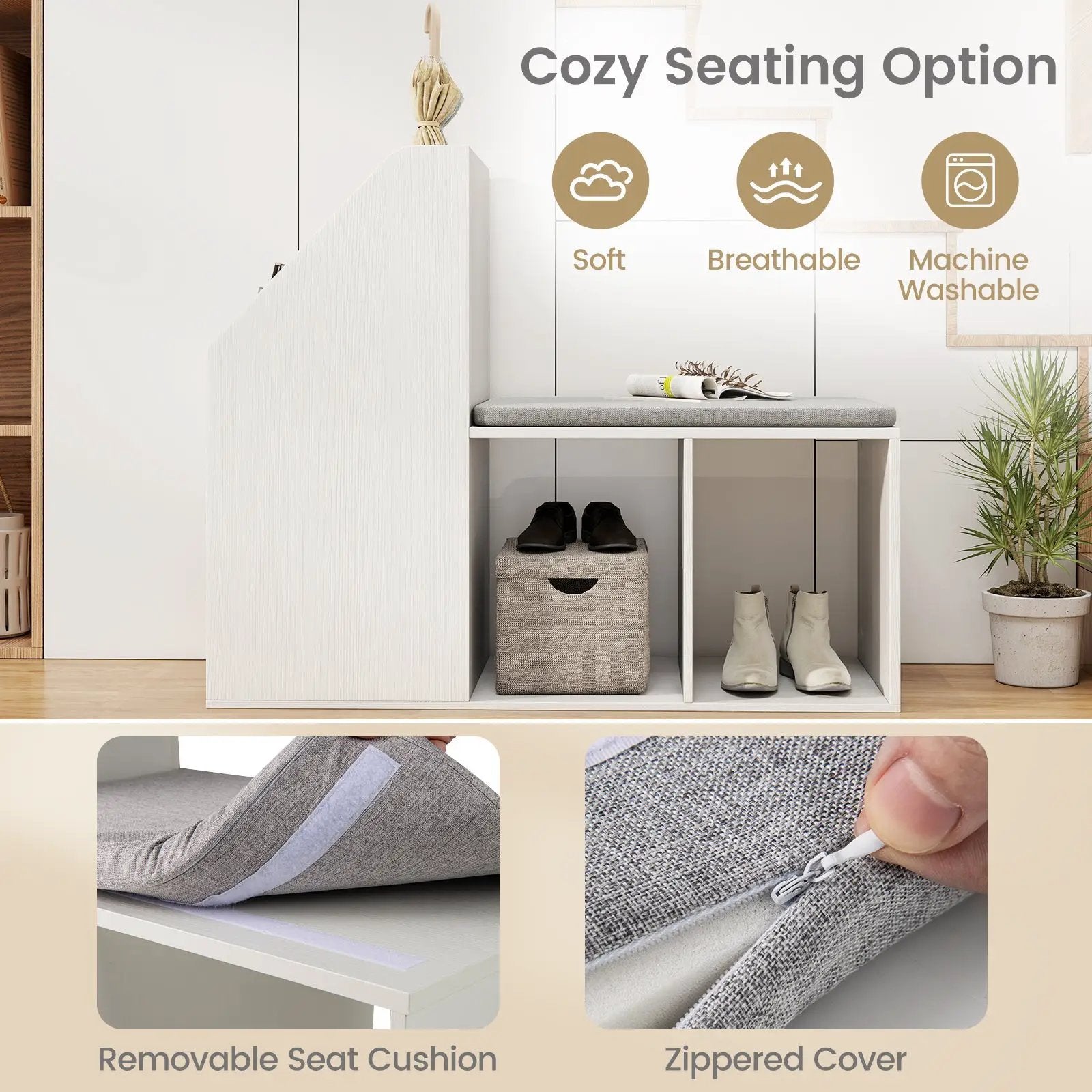 Shoe Storage Bench with Removable Seat Cushion and 6 Storage Compartments-White by DirectDeals