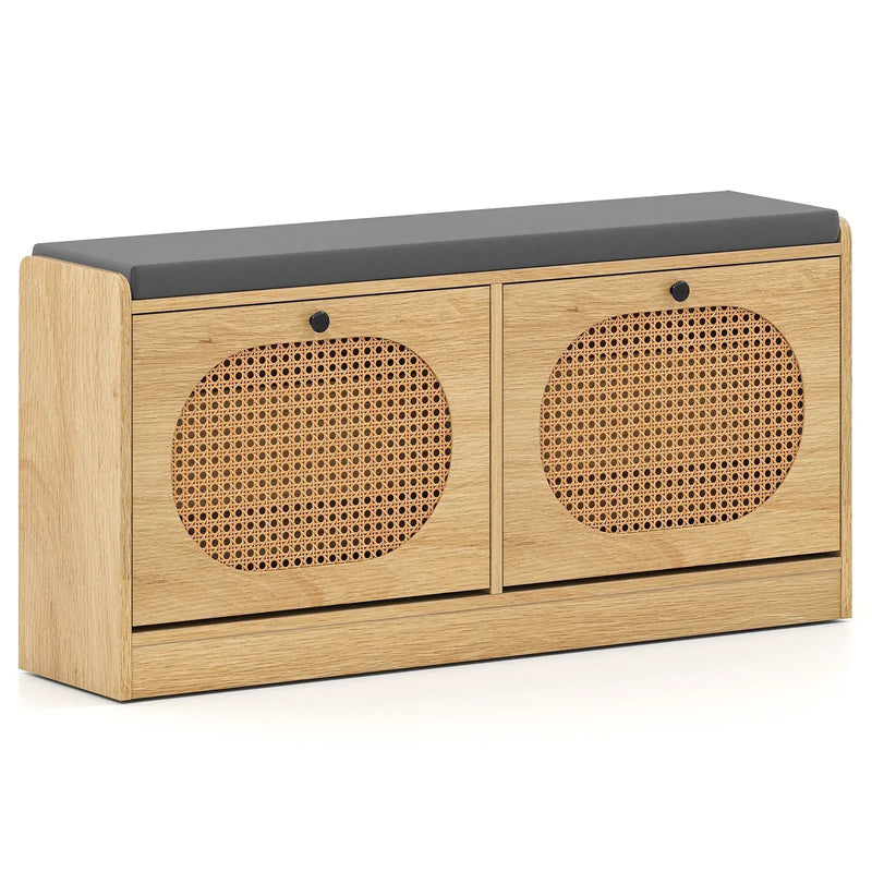 Shoe Storage Bench with Cushion Entryway Rattan Shoe Bench-Natural by DirectDeals