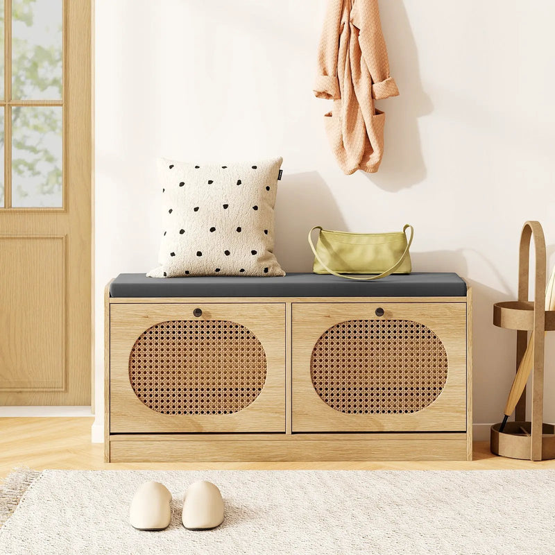 Shoe Storage Bench with Cushion Entryway Rattan Shoe Bench-Natural by DirectDeals