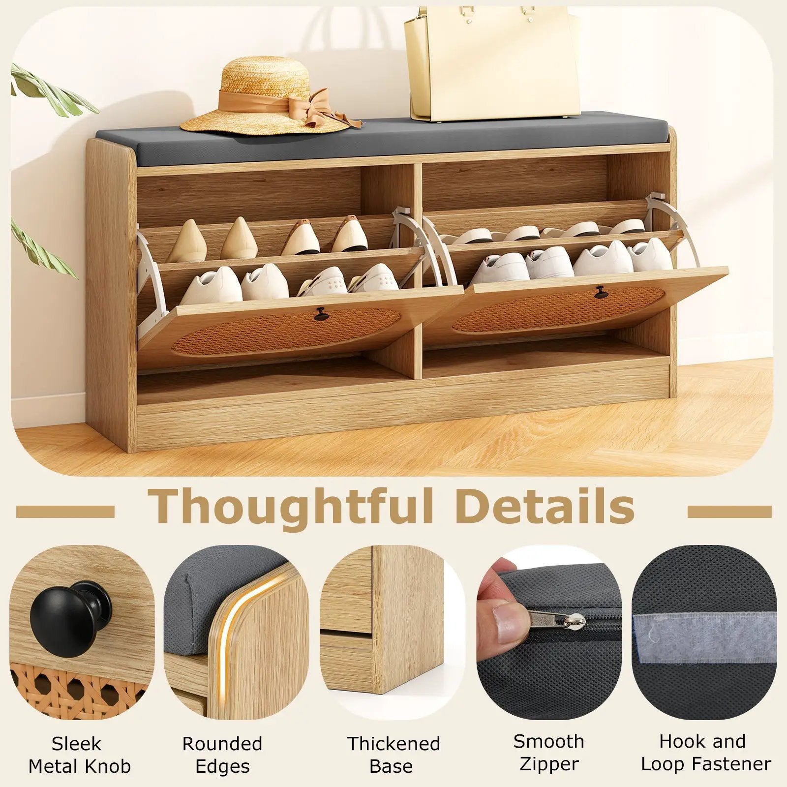 Shoe Storage Bench with Cushion Entryway Rattan Shoe Bench-Natural by DirectDeals