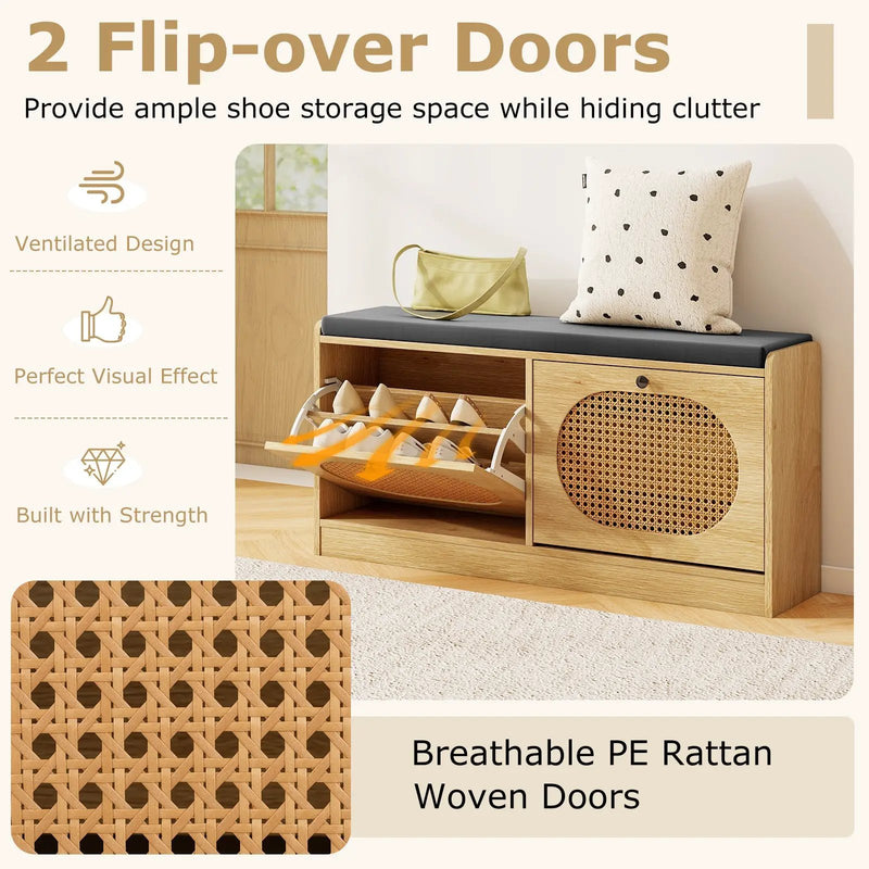 Shoe Storage Bench with Cushion Entryway Rattan Shoe Bench-Natural by DirectDeals
