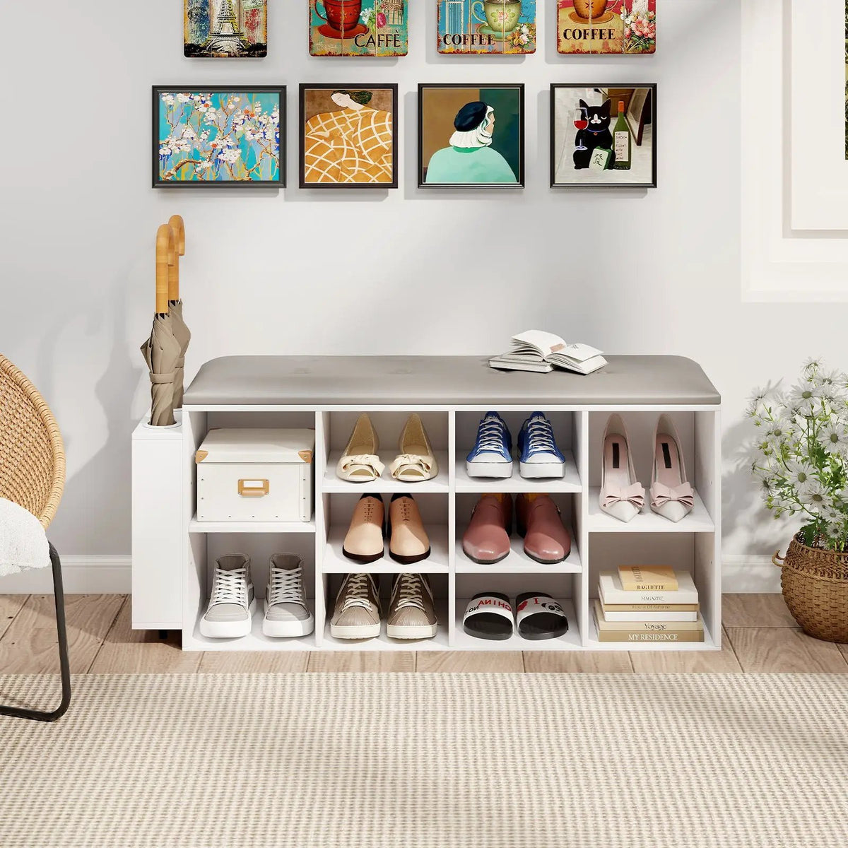 Shoe Storage Bench with Umbrella Stand and Adjustable Shelf