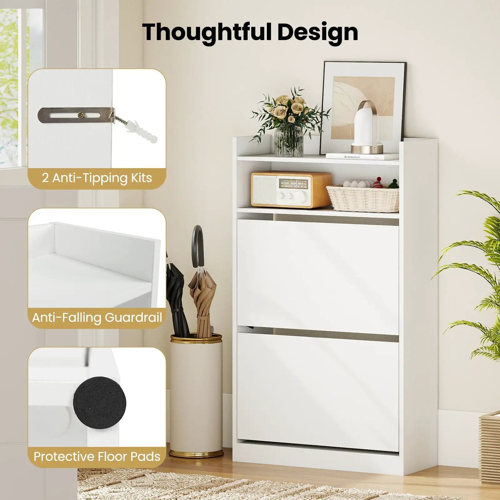 Shoe Storage Cabinet Hidden Shoe Rack with 2 Flip Drawers Adjustable and Removable Shelves-White by DirectDeals