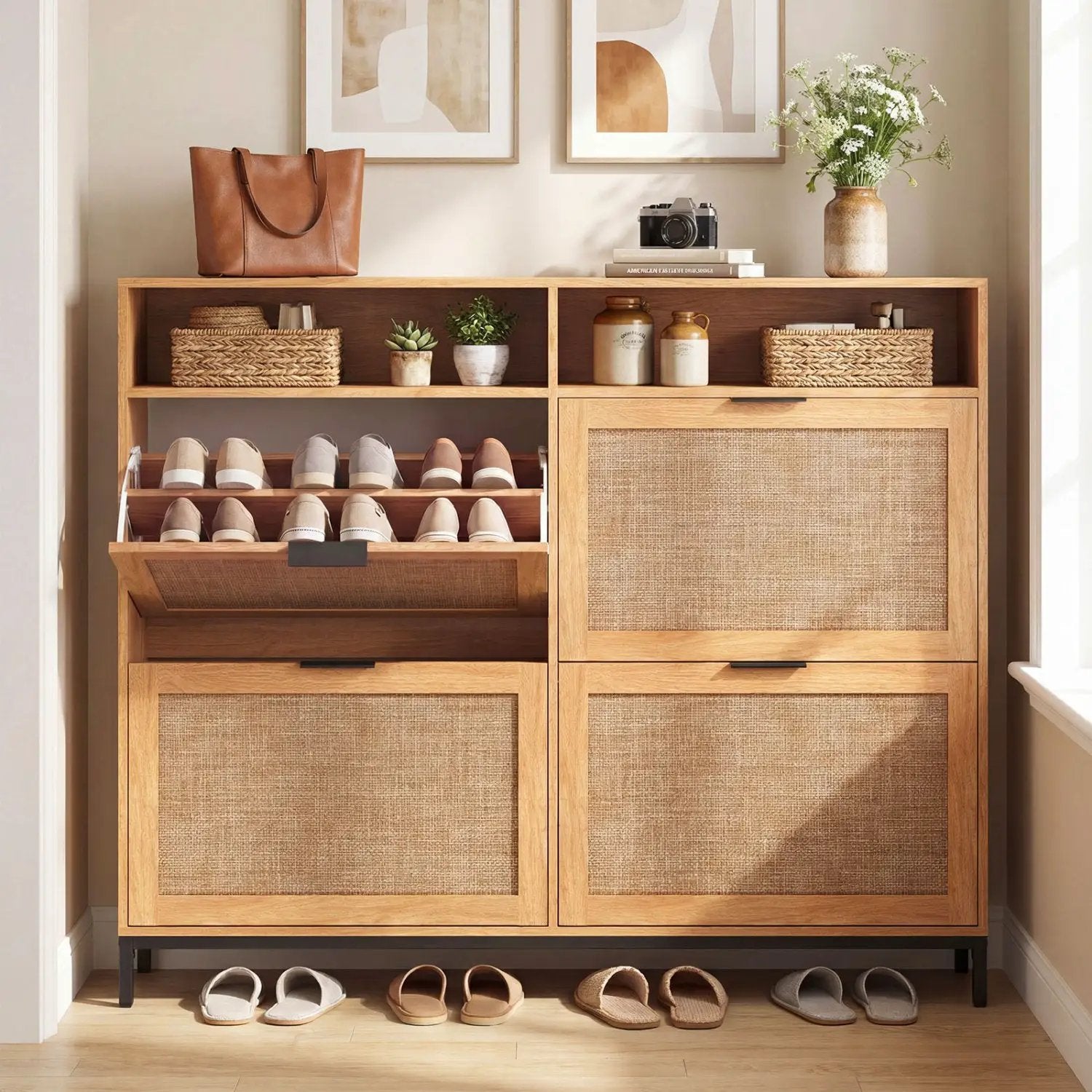 Shoe Storage Cabinet with 4 Flip Drawers Narrow Freestanding Shoe Organizer with Adjustable Shelves by DirectDeals