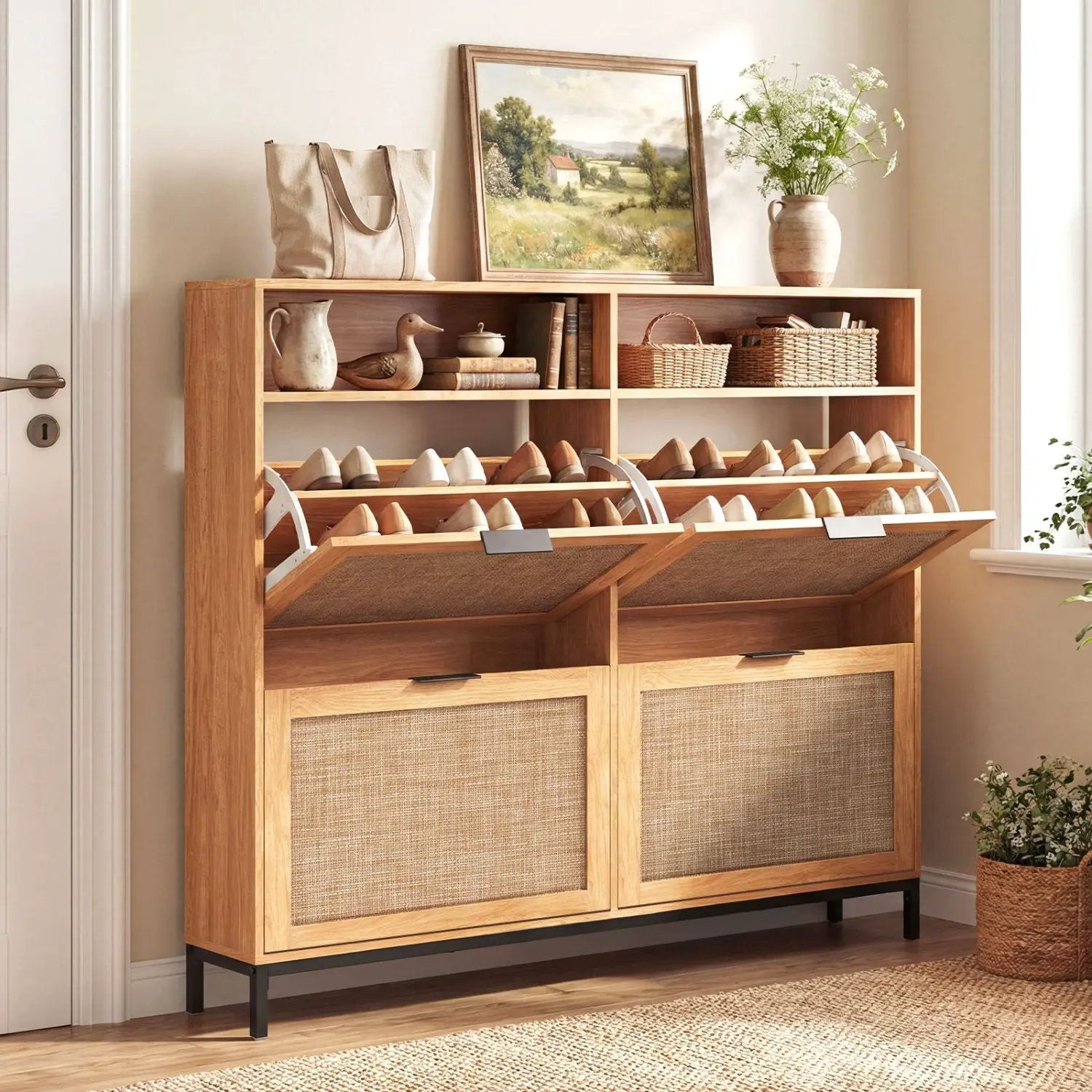 Shoe Storage Cabinet with 4 Flip Drawers Narrow Freestanding Shoe Organizer with Adjustable Shelves by DirectDeals