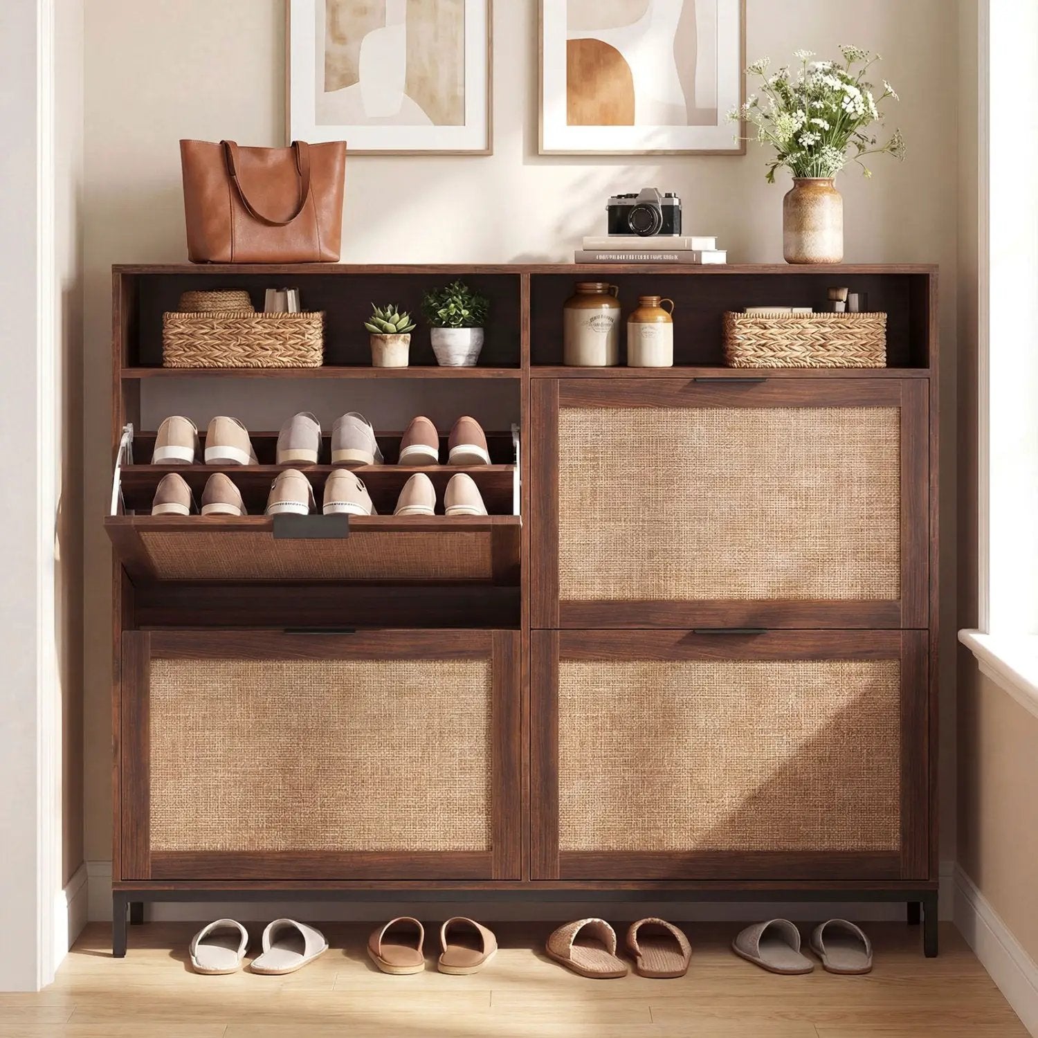Shoe Storage Cabinet with 4 Flip Drawers Narrow Freestanding Shoe Organizer with Adjustable Shelves by DirectDeals