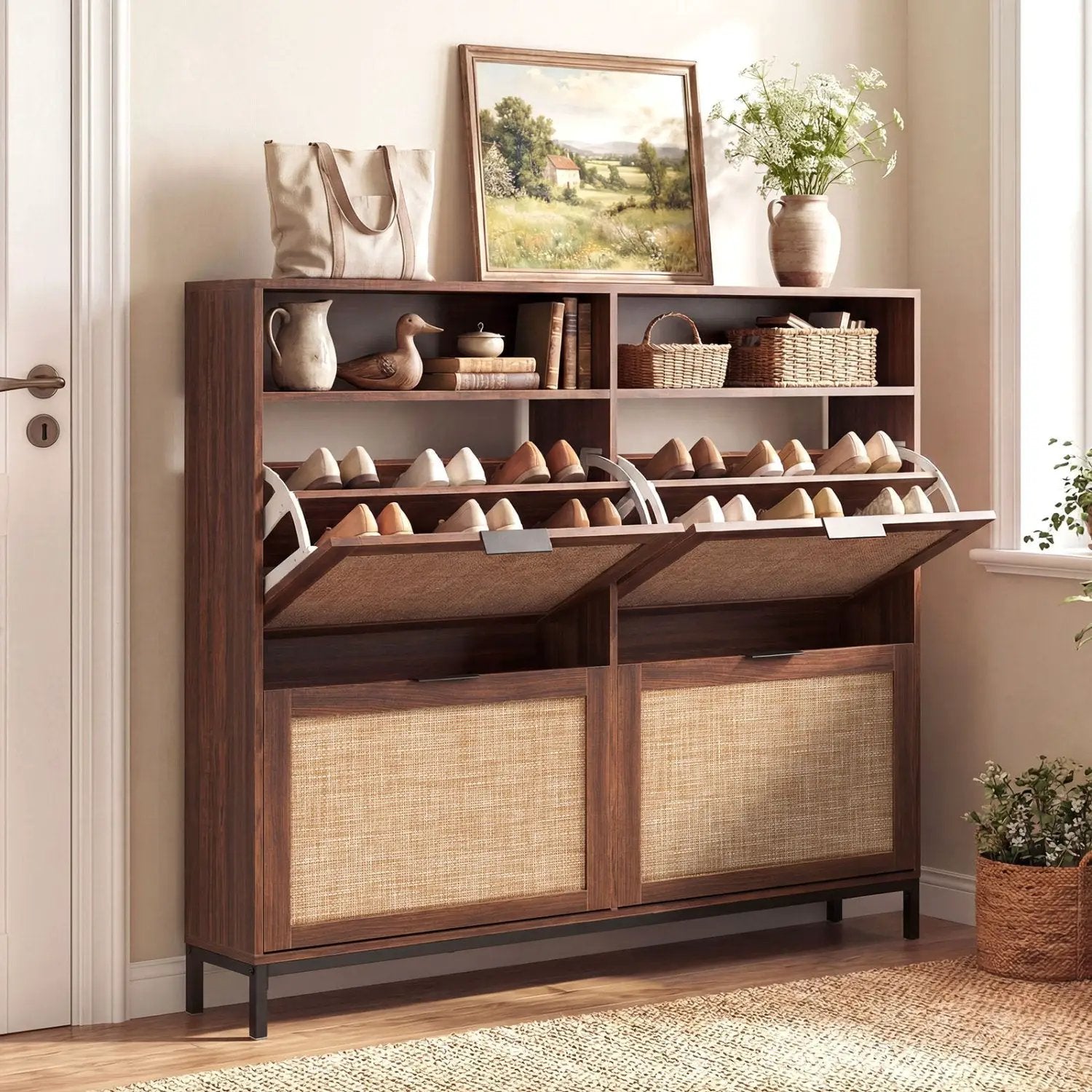 Shoe Storage Cabinet with 4 Flip Drawers Narrow Freestanding Shoe Organizer with Adjustable Shelves by DirectDeals