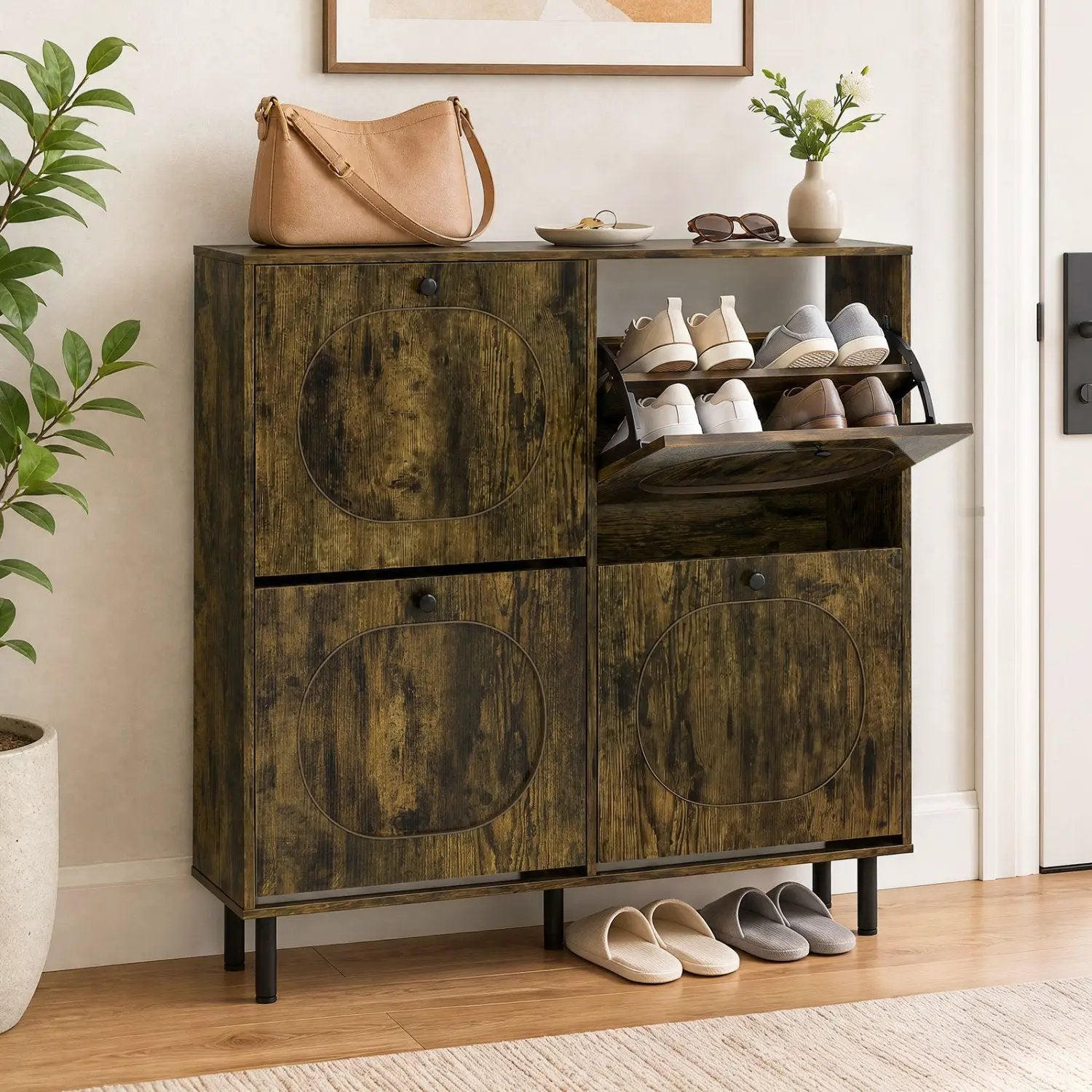 Shoe Storage Cabinet with 4 Flip Drawers - Rustic Brown by DirectDeals