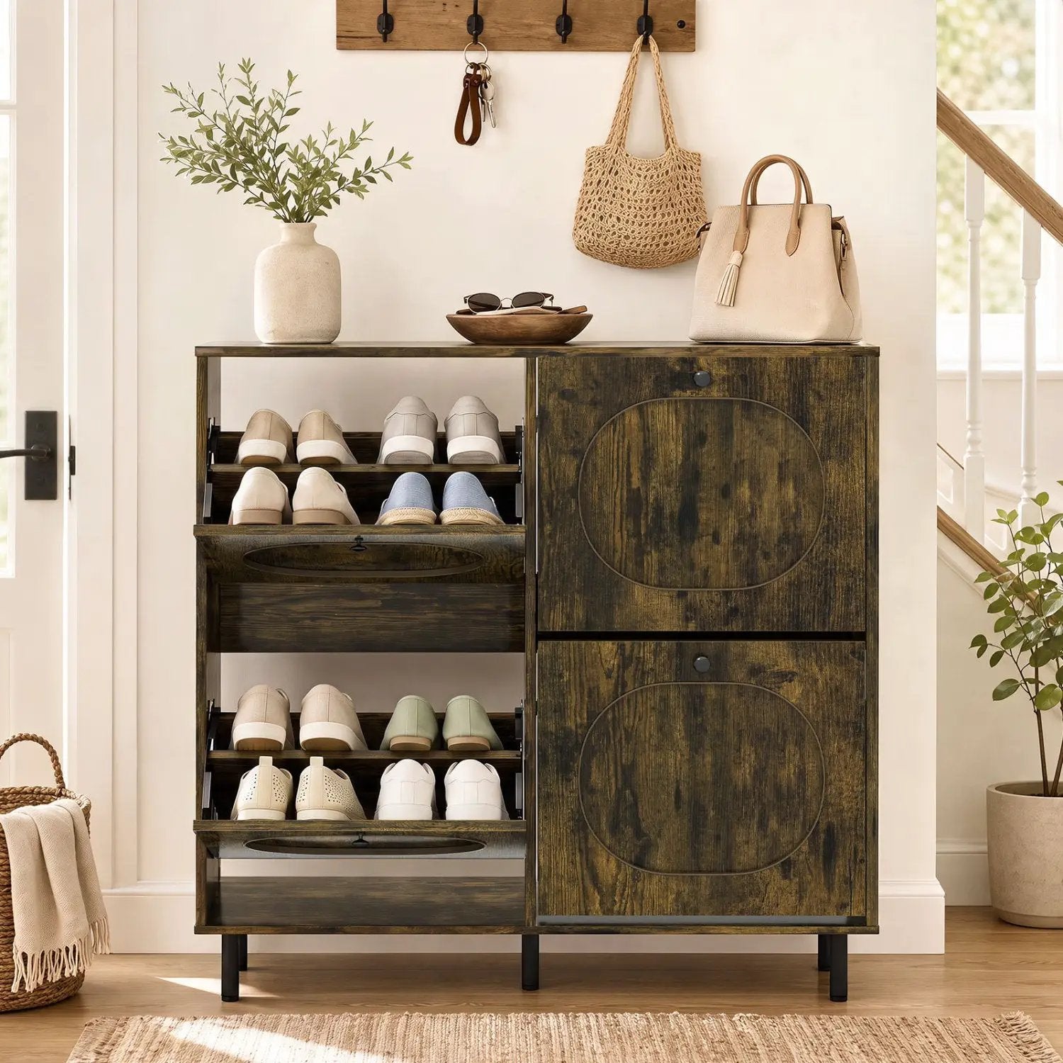 Shoe Storage Cabinet with 4 Flip Drawers - Rustic Brown by DirectDeals