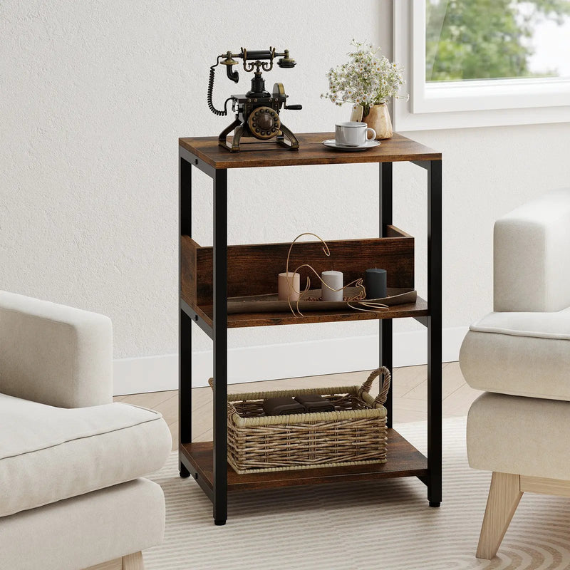 Side End Table with Charging Station and Open Shelves-Rustic Brown by DirectDeals