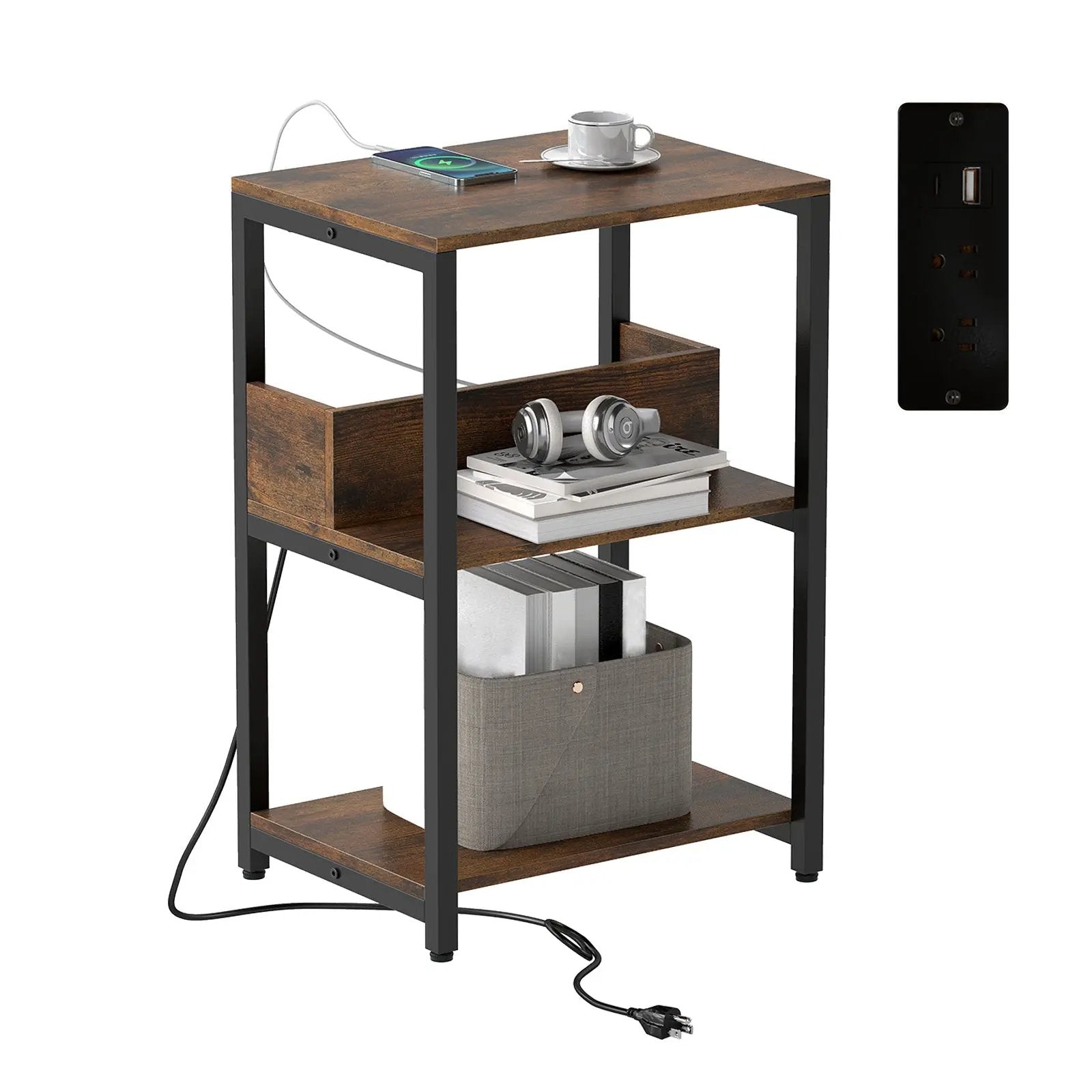 Side End Table with Charging Station and Open Shelves-Rustic Brown by DirectDeals
