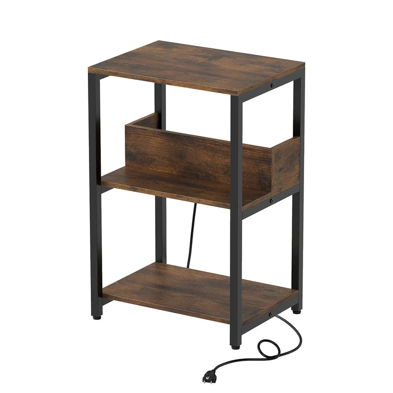 Side End Table with Charging Station and Open Shelves-Rustic Brown by DirectDeals