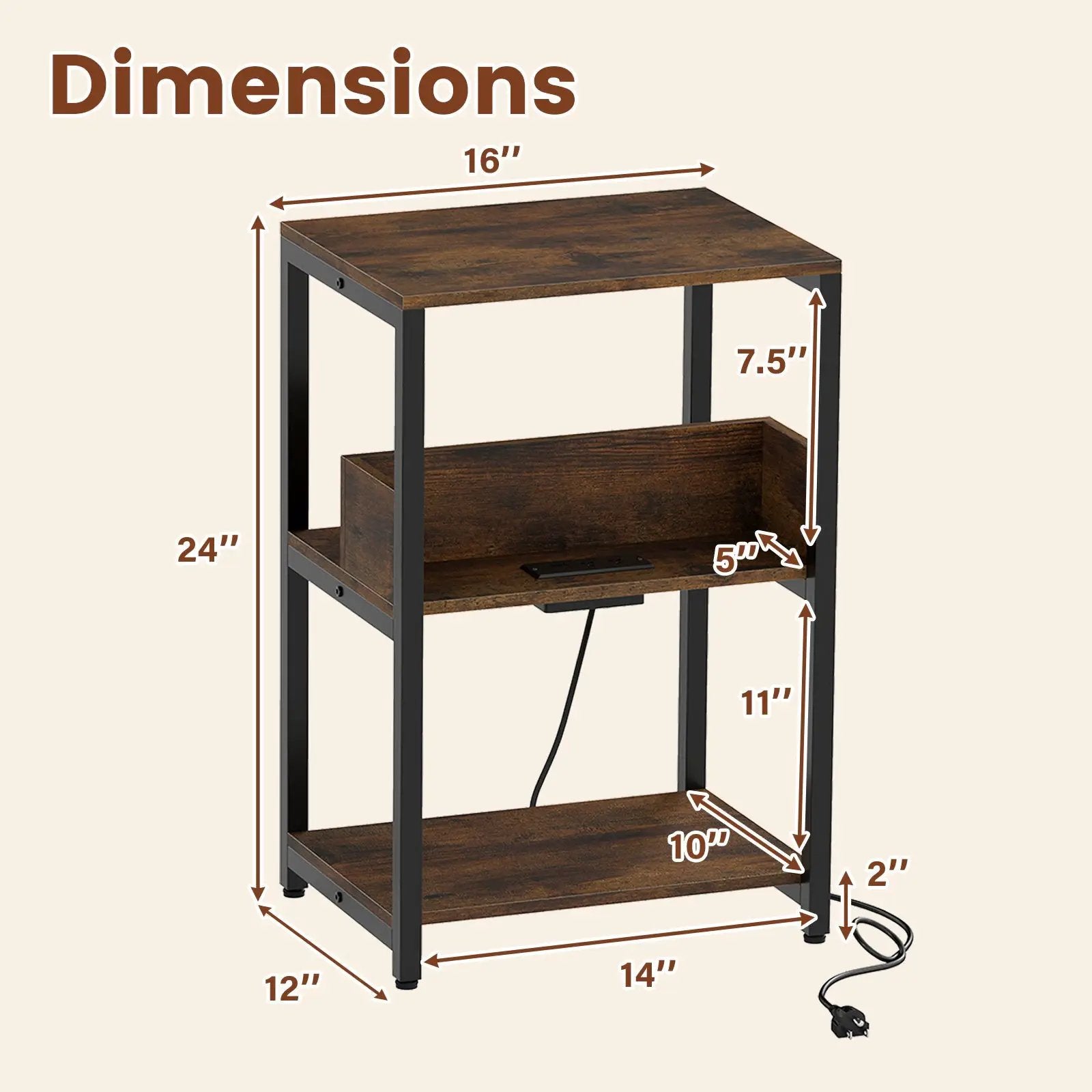 Side End Table with Charging Station and Open Shelves-Rustic Brown by DirectDeals
