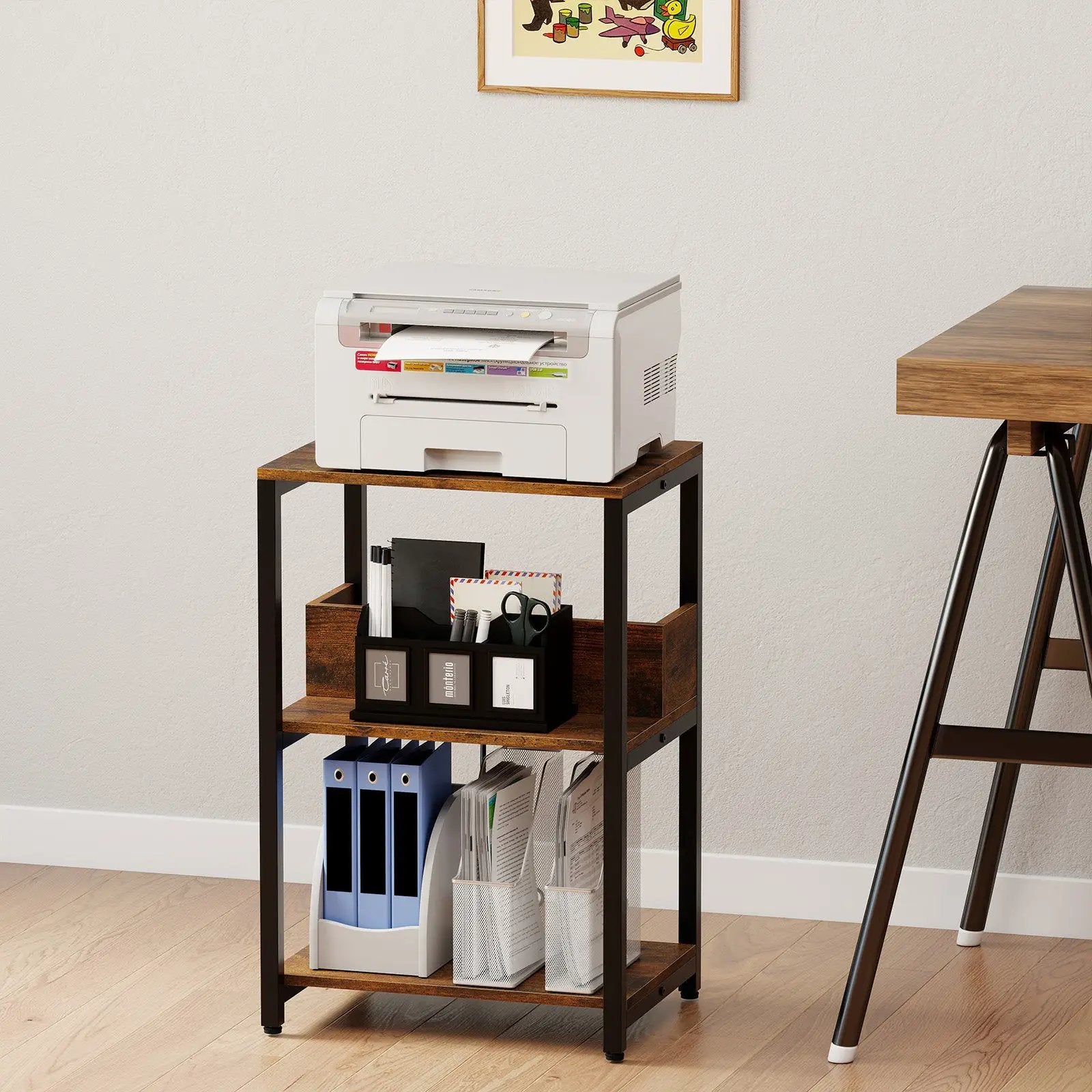 Side End Table with Charging Station and Open Shelves-Rustic Brown by DirectDeals