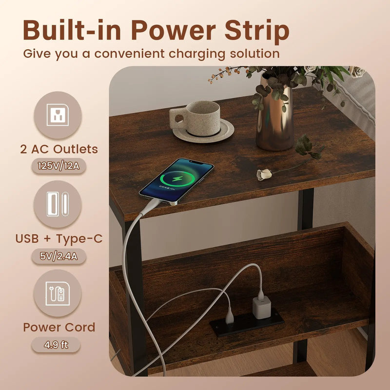 Side End Table with Charging Station and Open Shelves-Rustic Brown by DirectDeals