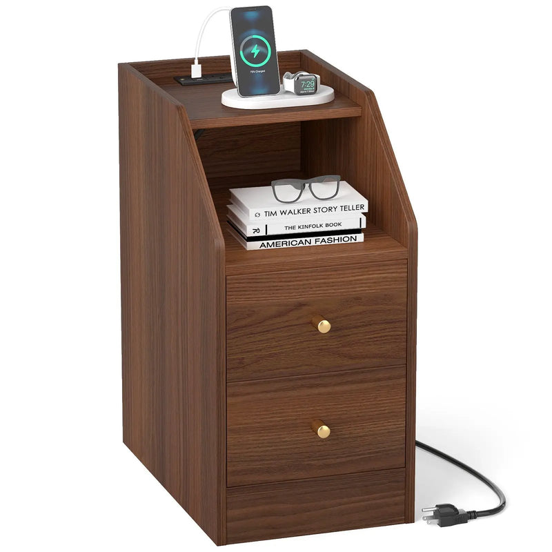 Side End Table with Charging Station Sofa Couch Table with Shelf Drawers by DirectDeals