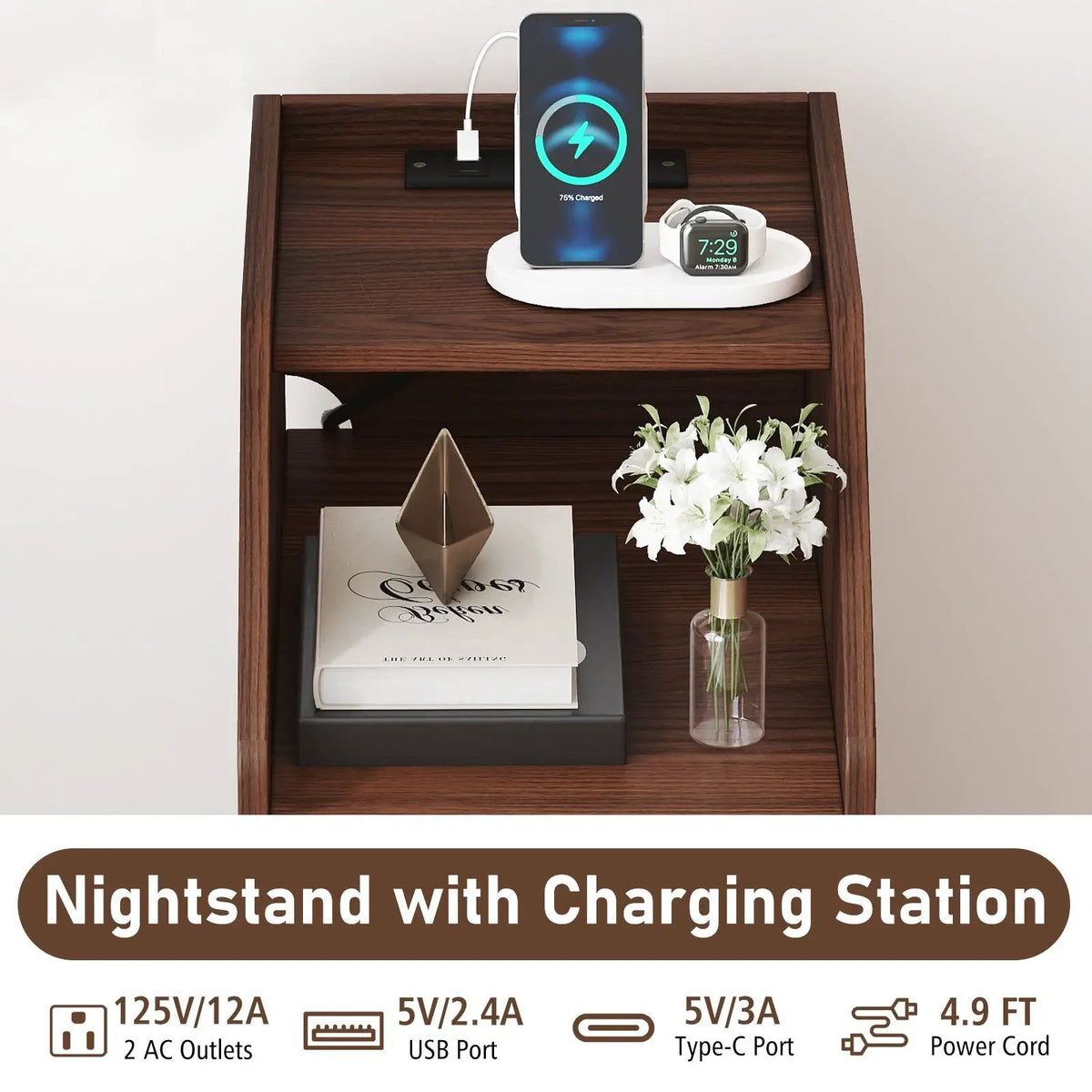 Side End Table with Charging Station Sofa Couch Table with Shelf Drawers, photo 10 of 24