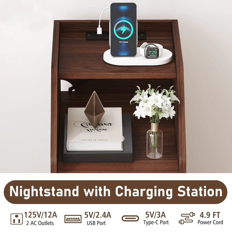Side End Table with Charging Station Sofa Couch Table with Shelf Drawers by DirectDeals