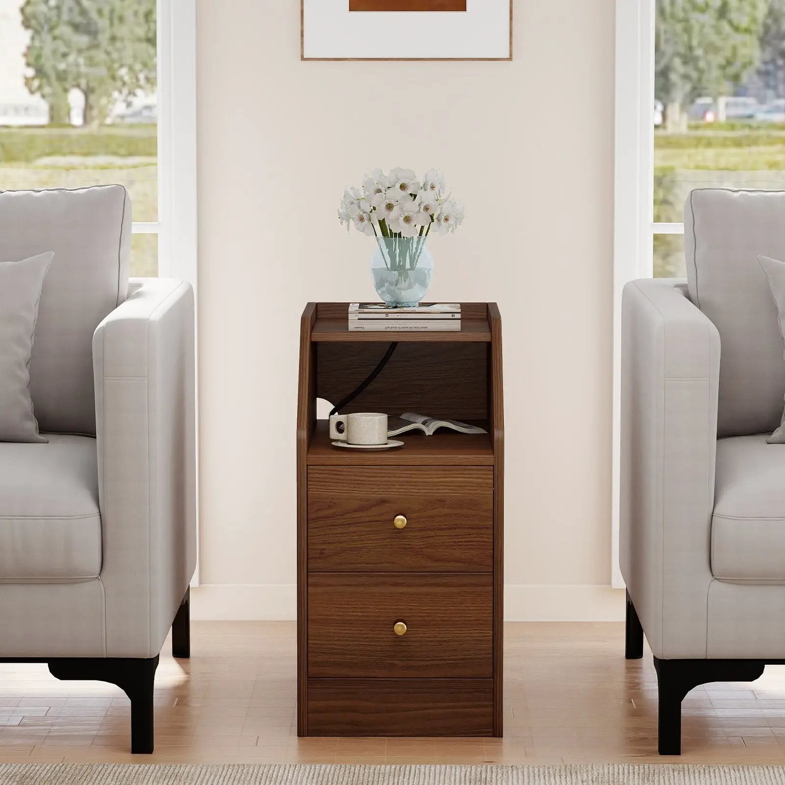 Side End Table with Charging Station Sofa Couch Table with Shelf Drawers by DirectDeals