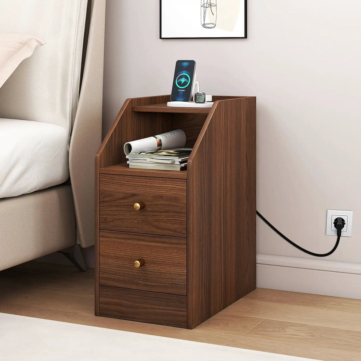 Side End Table with Charging Station Sofa Couch Table with Shelf Drawers, photo 18 of 24