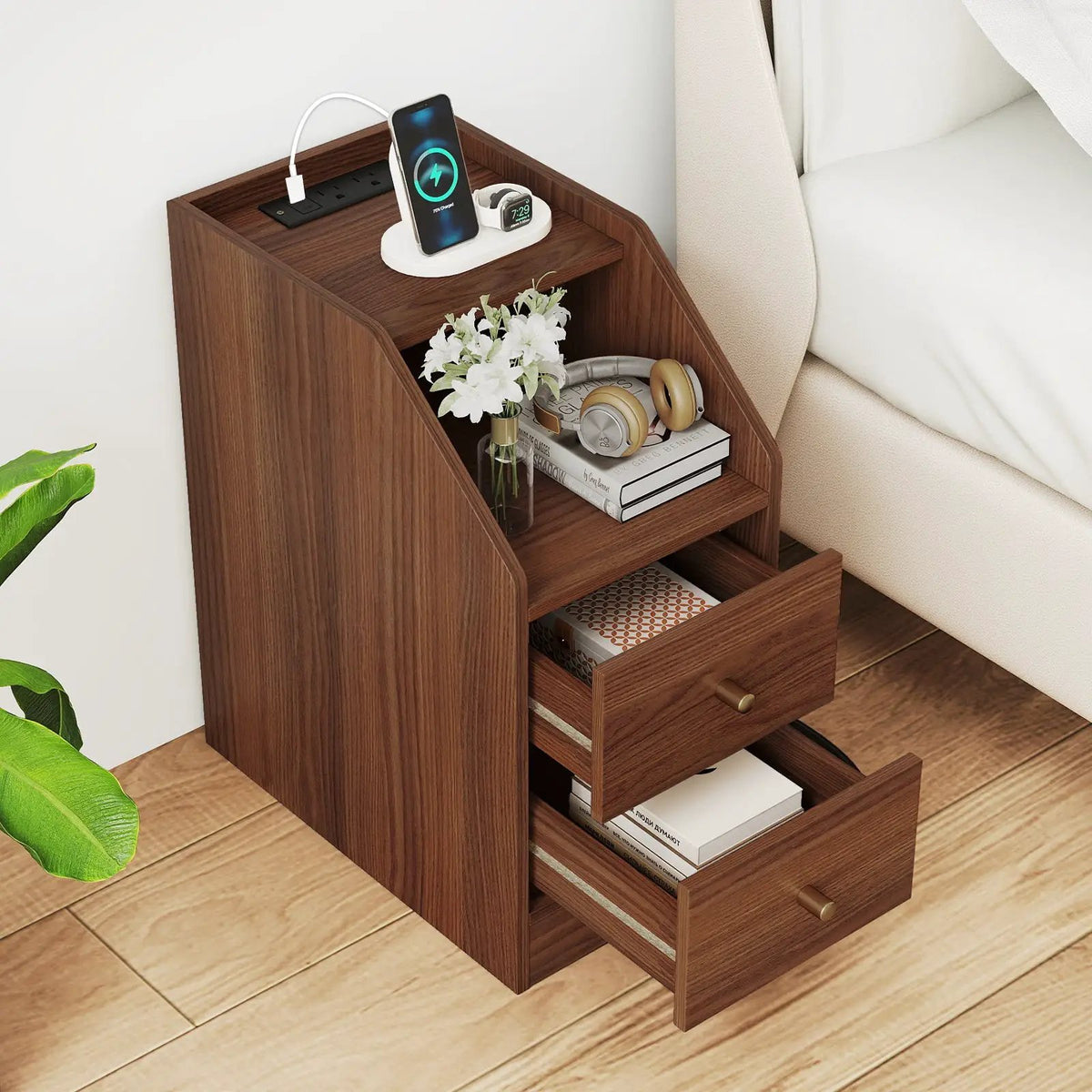 Side End Table with Charging Station Sofa Couch Table with Shelf Drawers, photo 14 of 24
