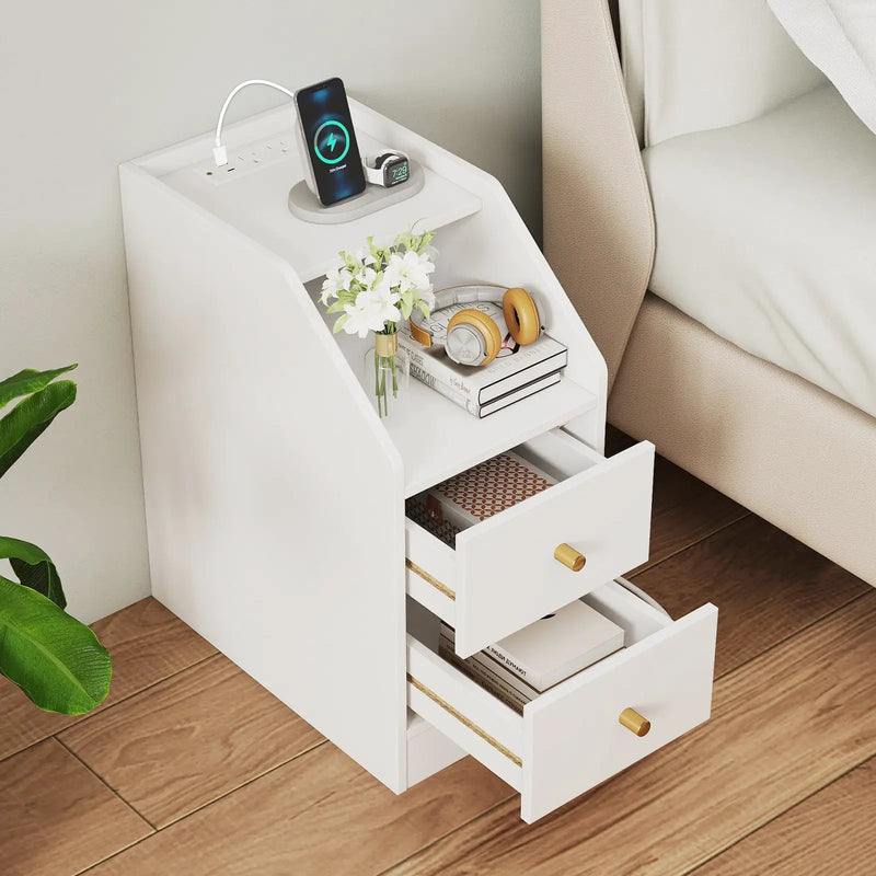Side End Table with Charging Station Sofa Couch Table with Shelf Drawers by DirectDeals