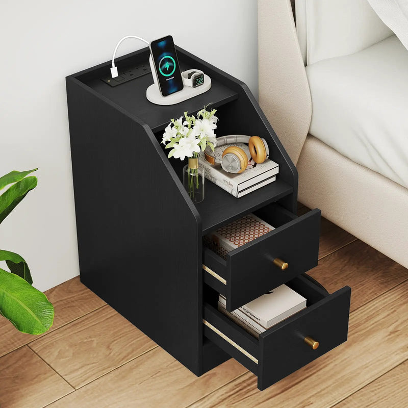 Side End Table with Charging Station Sofa Couch Table with Shelf Drawers by DirectDeals