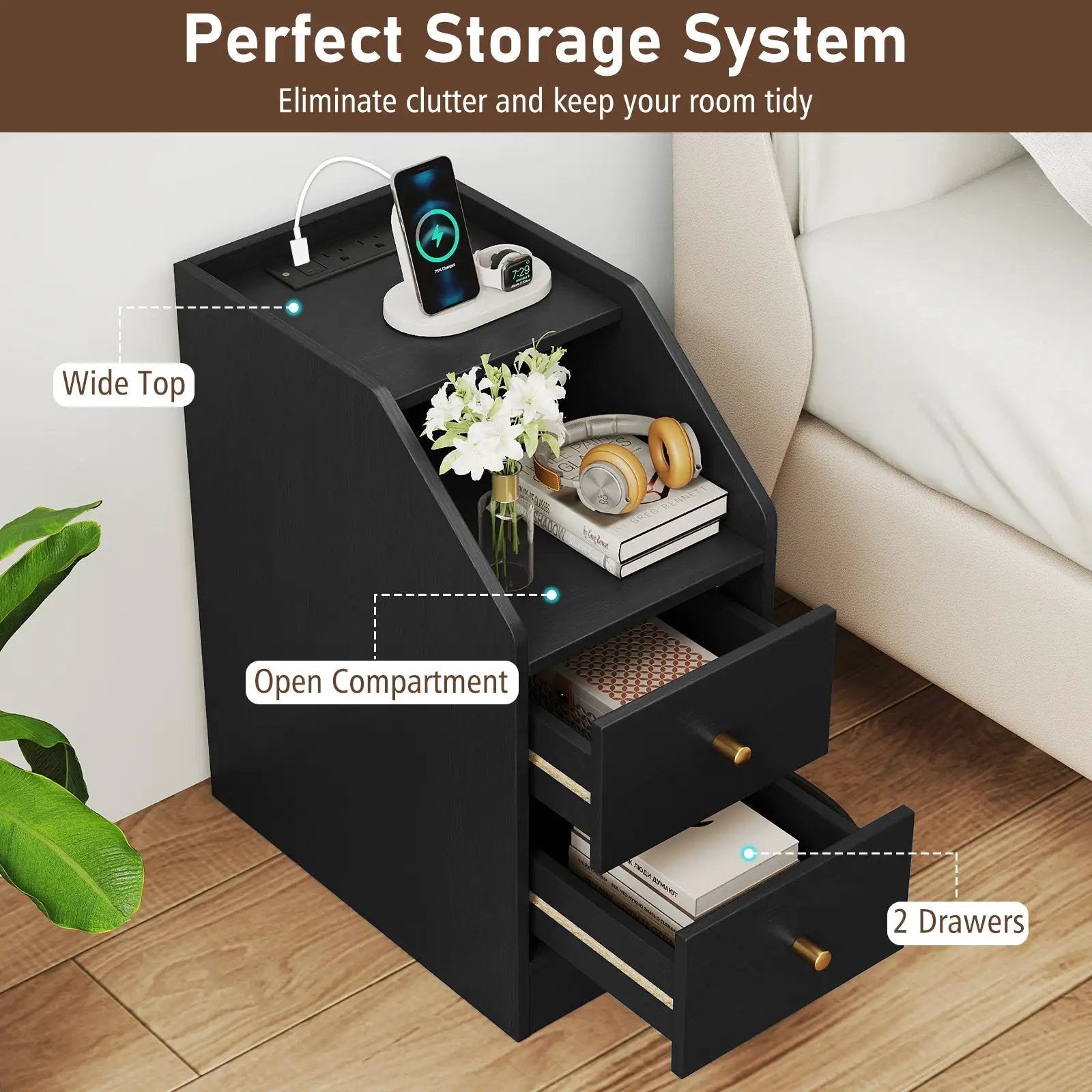 Side End Table with Charging Station Sofa Couch Table with Shelf Drawers by DirectDeals