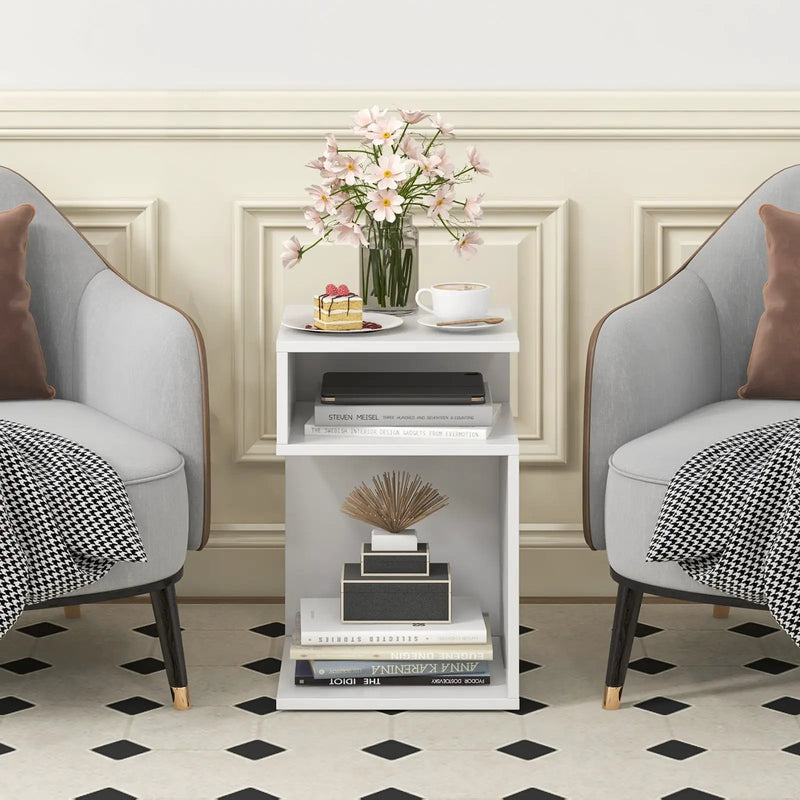 S-Shaped Side Table with Unique S-shaped Frame and 2 Open Compartments-White by DirectDeals