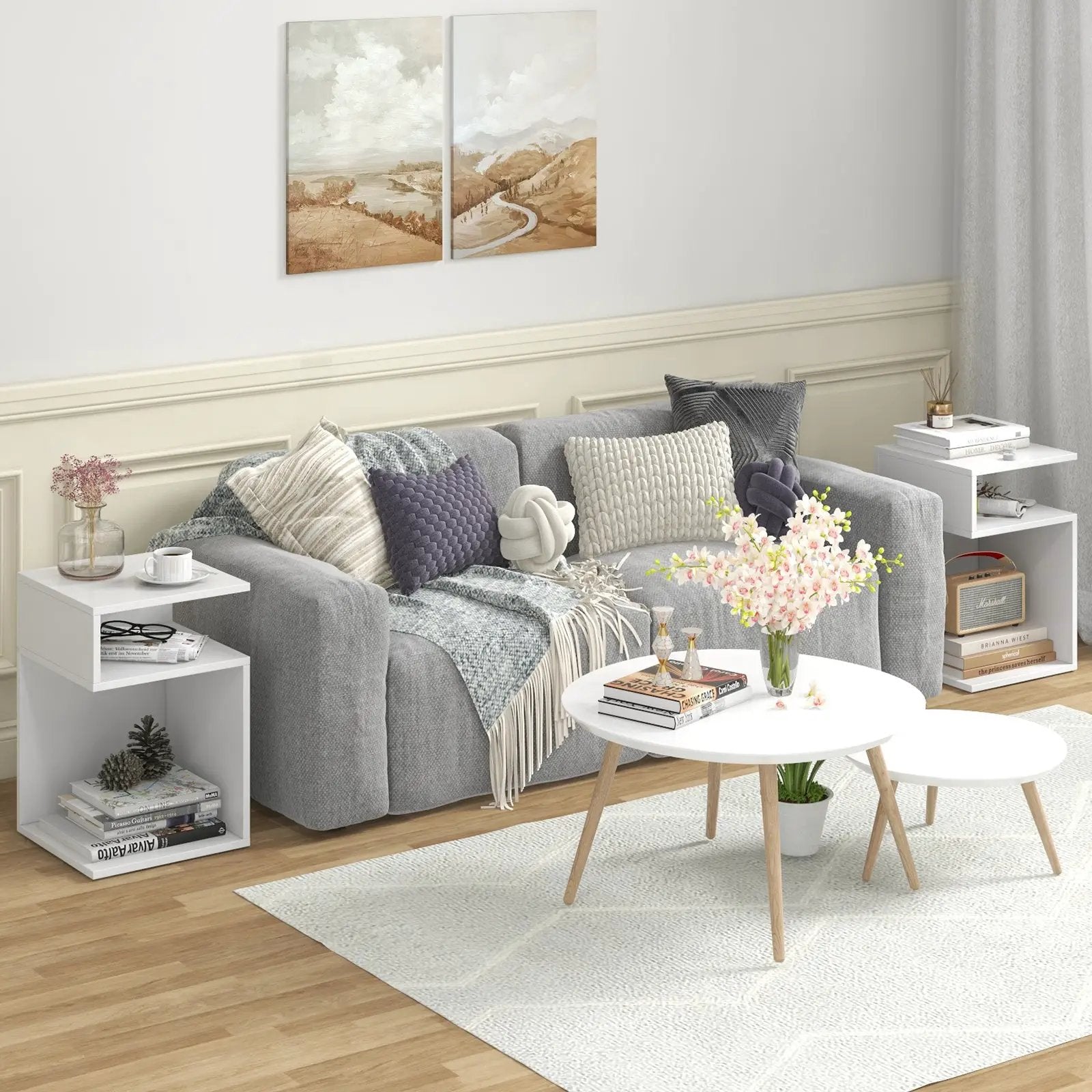 S-Shaped Side Table with Unique S-shaped Frame and 2 Open Compartments-White by DirectDeals