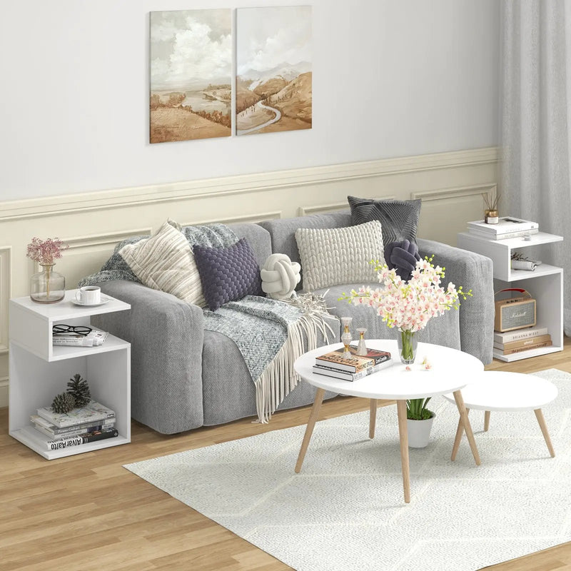 S-Shaped Side Table with Unique S-shaped Frame and 2 Open Compartments-White by DirectDeals