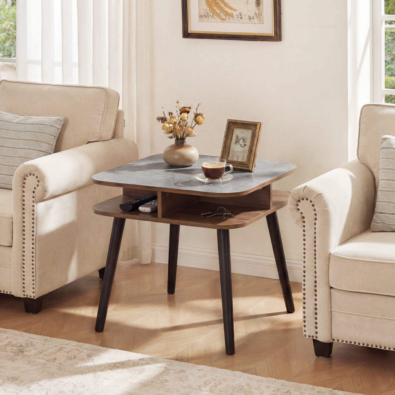 Side Table Faux Marble End Table with Storage Shelves and Rubber Wood Legs by DirectDeals